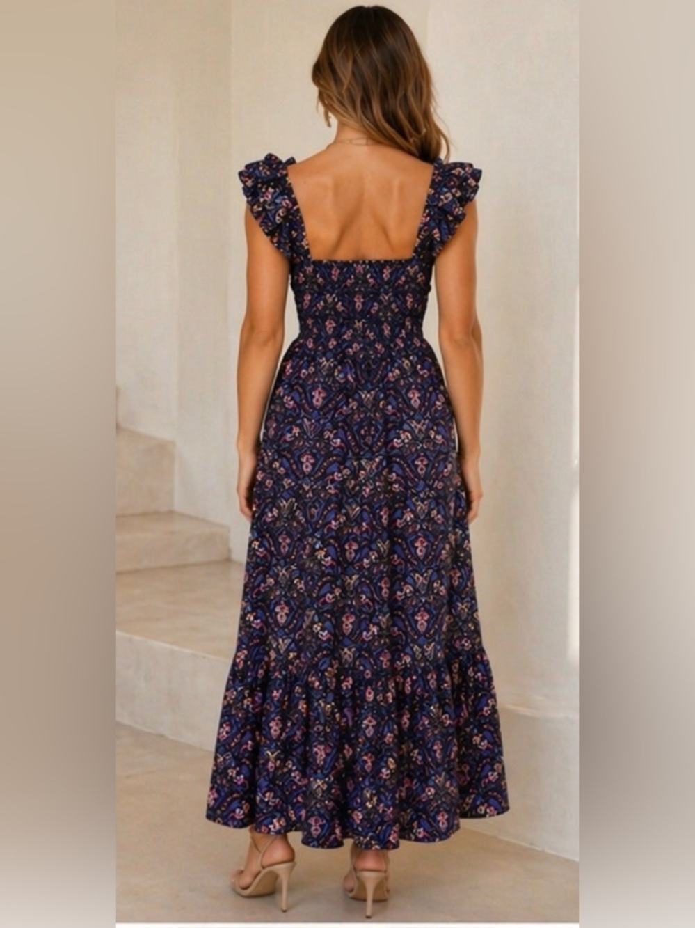 Caroline Constas Navy Pansy Print Maxi Dress Ruffle Strap Cotton S NWT - Picture 3 of 16